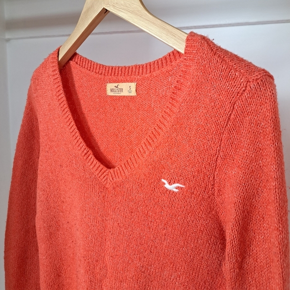 Hollister | Orange & hint of pink knit womens v neck long sleeved sweater - Picture 4 of 12